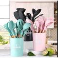 Silicone Kitchen Accessory Set with 12-Piece Storage Bucket (Wood + Silicone). 