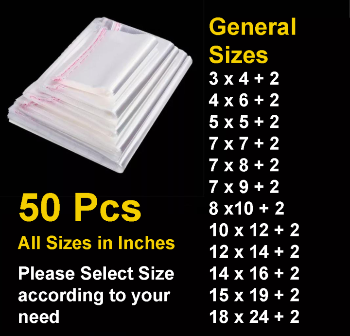 50 Pcs Transparent Plastic Poly Bag Sealable Used for Jewelry Packing, Shirts Packing etc. BOPP Poly Bags Self Adhesive please select size according to your need