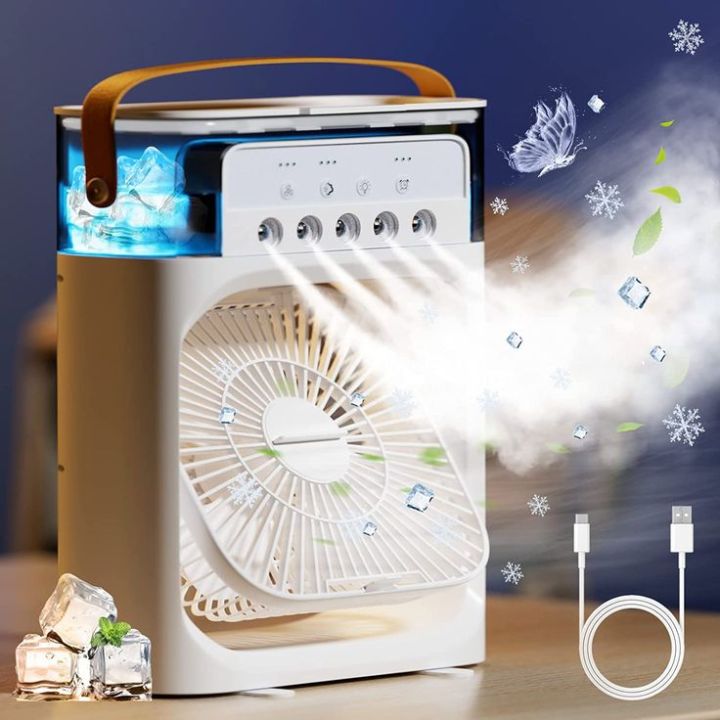 Portable Air Conditioner Fan - Mini Evaporative Air Cooler with 7 Colors LED Light - 1/2/3 H Timer - 3 Wind Speeds and 3 Spray Modes for Your Desk - Nightstand, or Coffee Table - Neck Fan - Mini Cooling AC Fan Desk Cooler With Spray Modes