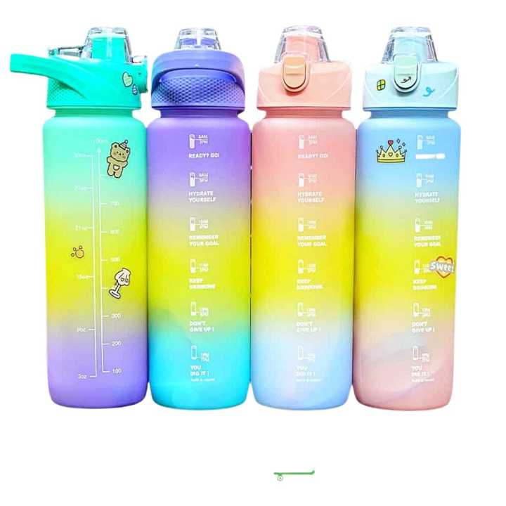 1000 mL Coloured Water Bottle with Motivational Marks Bounce Cover Time-Period Scale Reminder and Frosted Cup 3D Stickers Beautiful Travel bottle having cap Beautiful thermos  for cold-water Outdoor fitness Training Office and school