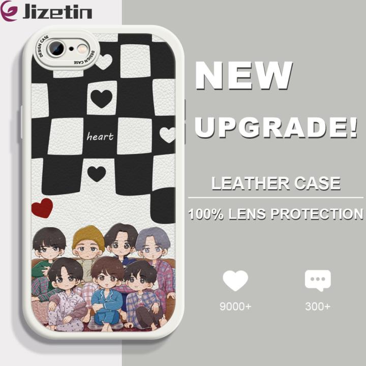 Jizetin for iPhone 6 Plus 6S Plus Back Cover BTS Group Lambskin Texture PU Leather Back For Girls Boys Soft Phone Case