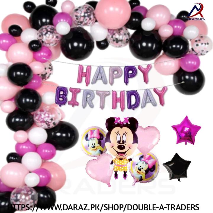Minnie Mouse Happy Birthday Theme Set for Girls | Pink & Black Birthday Theme |  72 Pcs