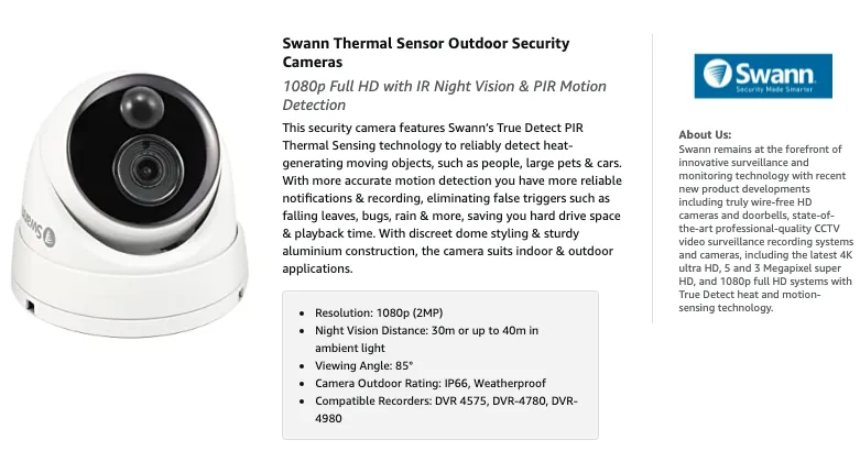 Swann SWPRO-1080MSD 1080p Full HD Thermal Sensing Dome Analogue
