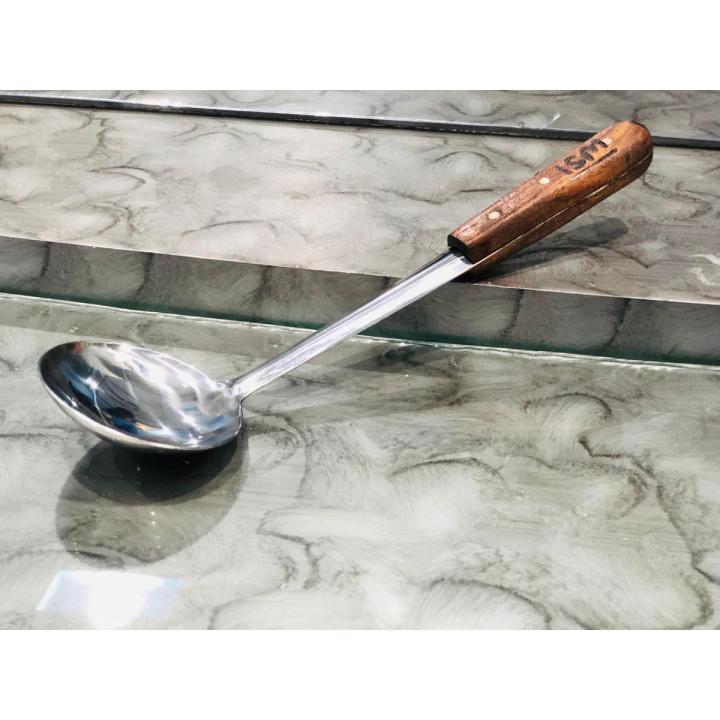 Spoons - Wooden Handle Spoon -  Stainless Steel And Wooden Kitchen Cooking Spoons - Salan Spoon -  Multipurpose Use [Pack of 1 27 cm length]