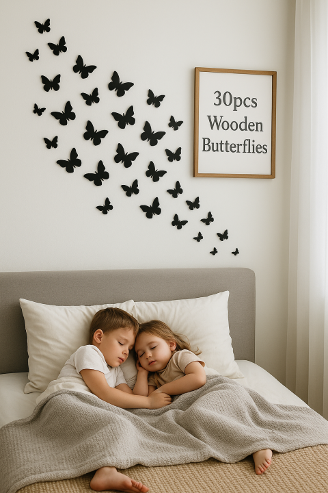 30-Piece Wooden Butterfly Wall Stickers – Peel & Stick Reusable Black Butterflies for Nursery, Bedroom, Classroom Decor – Natural Eco-Friendly Wall Art for Kids, Teens, Home Aesthetic & Party Backdrops