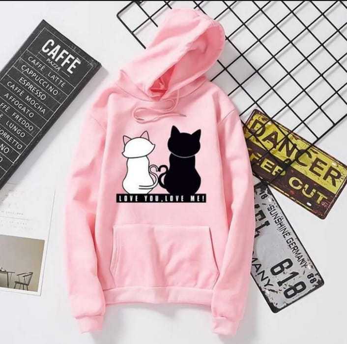 Trendy 2 CAT CUTE Tag Print Kangaroo Hoodie huddy Pocket Drawstring Casual Pullover Hodie Clothing Long Sleeves Export Quality Huddie Winter Wear Smart Fit Hoody For Women Girls