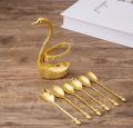 Metal Duck Style Stand And 6 Pcs Golden Spoon Set  - Stainless Steel Fruit Cake Coffee Tea Spoon Swan Holder Cutlery Decor. 
