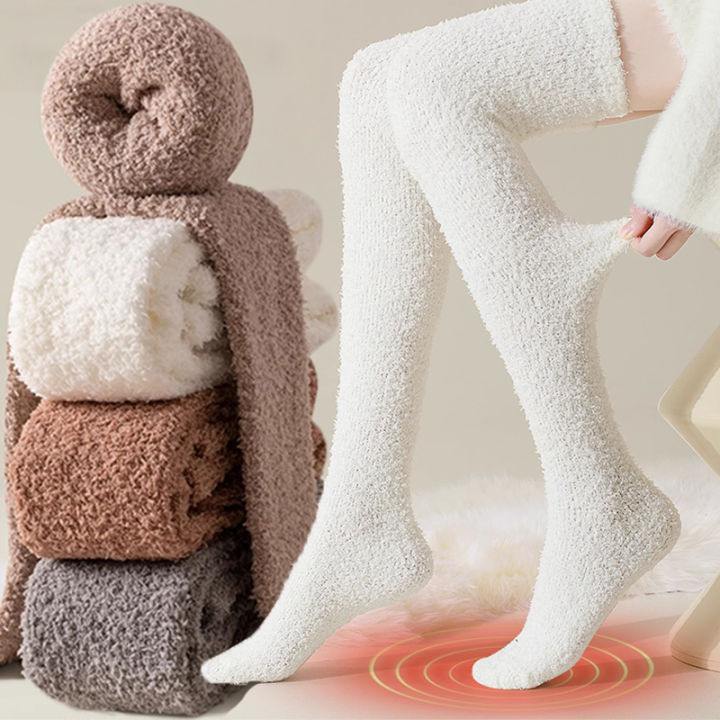 Superman Ruoias Winter Warm Coral Fleece Over-knee High Socks for Women Plush Home Sleep Floor Long Socking Jk Solid Soft Thigh High Fun Sock