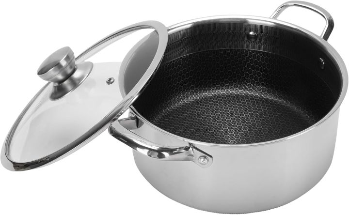 Dual Handles Honeycomb Print Single Sided Laser Coated Nonstick Steel Soup Pot With Lid, Nonstick Pan Honeycomb Protective Layer Skillet Induction Pot