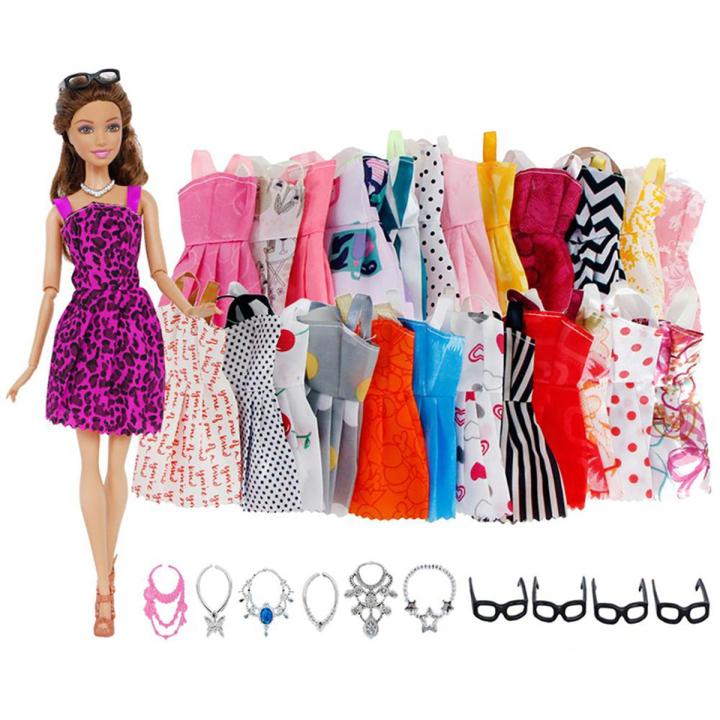 20 Set Fashion Girl Doll Toy Dresses Outfit Clothes Costume Doll Accessories Compatible For Barbie Dolls 10x dresses 6x necklaces 4x glasses Daraz.pk