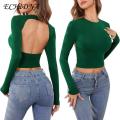 ECHIDNA Lady Summer T-shirt Backless O Neck Spring Summer Crop Top. 