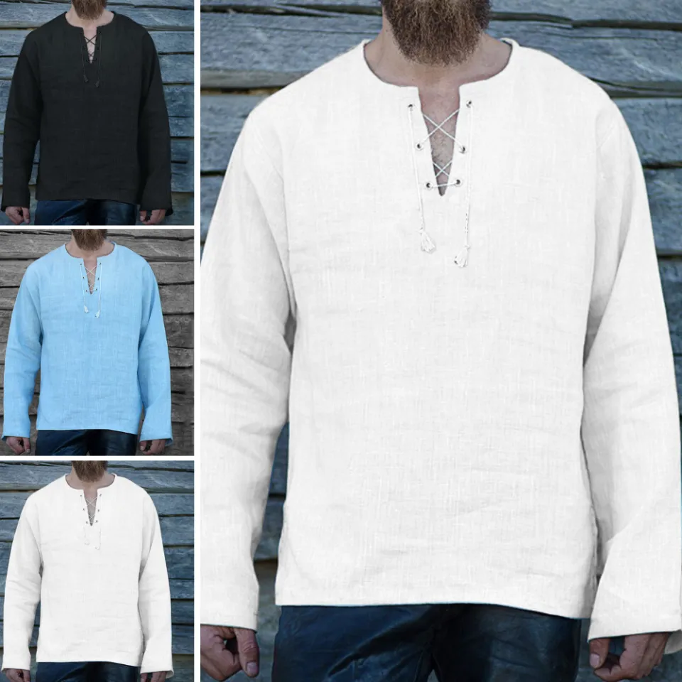 Men Solid Color Lace up V Neck Long Sleeve Cotton Linen T Shirt Loose Blouse Top Daraz.pk