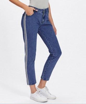 White Stripped Straight Fit Blue Jeans For Women