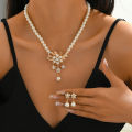 1Set Women Necklace Beaded Glossy Faux Pearls Rhinestone Embedded Flower Bride Necklace Stud Earrings Kit Qoddess. 