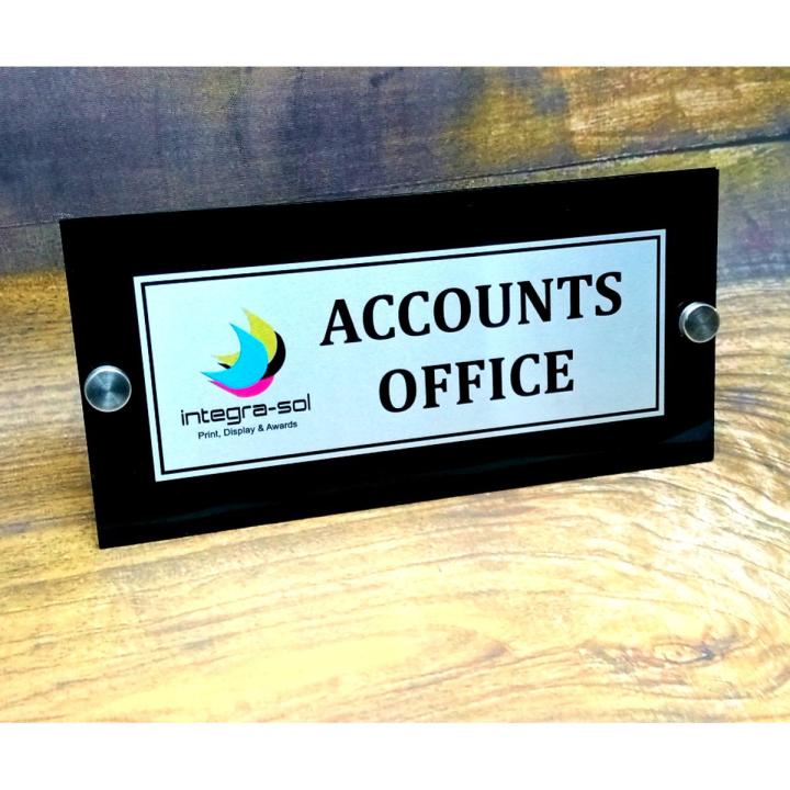 Door Name Plate | Acrylic Frame with Metal Printing with Metal Studs, customized with your text / logo, delivery in Peshawar, Lahore, Karachi, Islamabad, Pakistan