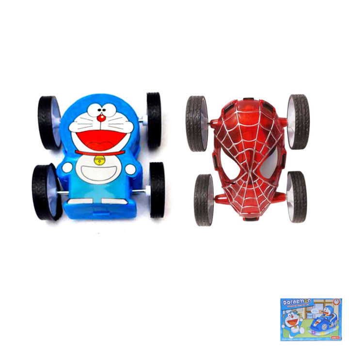 2 Pcs Set - Spiderman and Doraemon Friction Powered 2 Sided Flipped Car Toys -