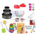 1 Turn Table,12 Piece of Cake Decoration nozzles with Icing Bag , 1Pair pot gloves,3pc screber set, 6pc measuring Cups,silicone Spatula and Brush, 3 pc round cake mould and 2 pc pizza kinfe set.. 