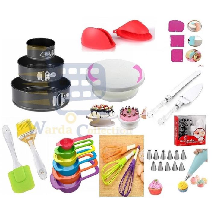 1 Turn Table,12 Piece of Cake Decoration nozzles with Icing Bag , 1Pair pot gloves,3pc screber set, 6pc measuring Cups,silicone Spatula and Brush, 3 pc round cake mould and 2 pc pizza kinfe set.