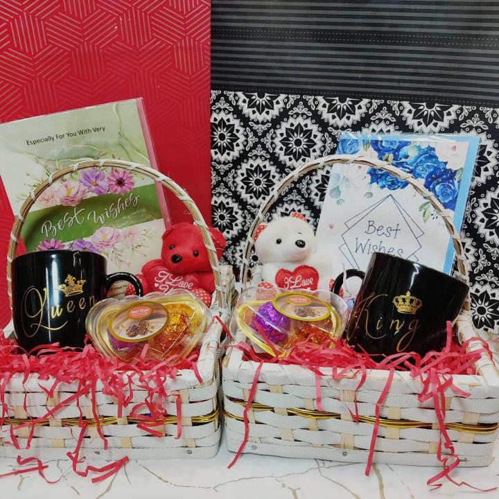 Pack of 2 baskets king and queen mug basket anniversary gifts for couples gift for husband wife girls boys marriage wedding anniversary Daraz.pk