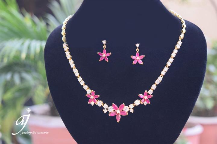 Imported Gold Plated Zircon Rose Pink White Necklace Set