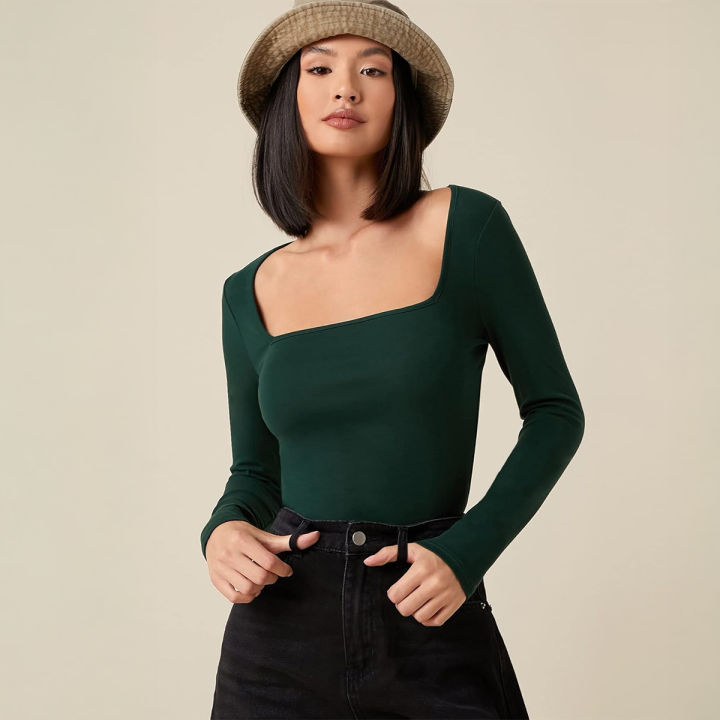 Square Neck Fitted Full Sleeve Tee – Cotton Blend, Slim Fit, Casual Wear, Size S-XL