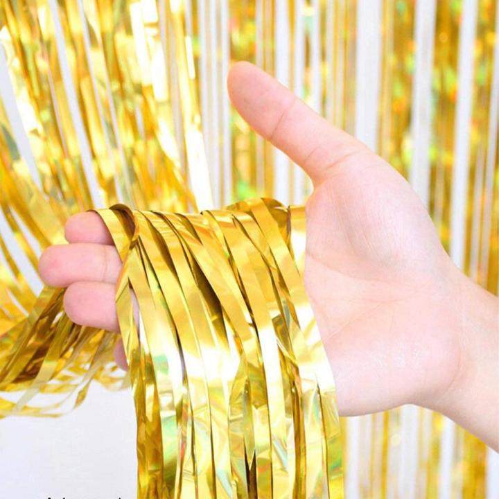 Golden Metallic Tinsel Foil Fringe Curtains 3.2ft x 6.5ft Backdrop Photo Booth Gold Metallic Foil Curtain for Birthday, Wedding, Bridal Shower, Baby Shower, Anniversary Party Decoration
