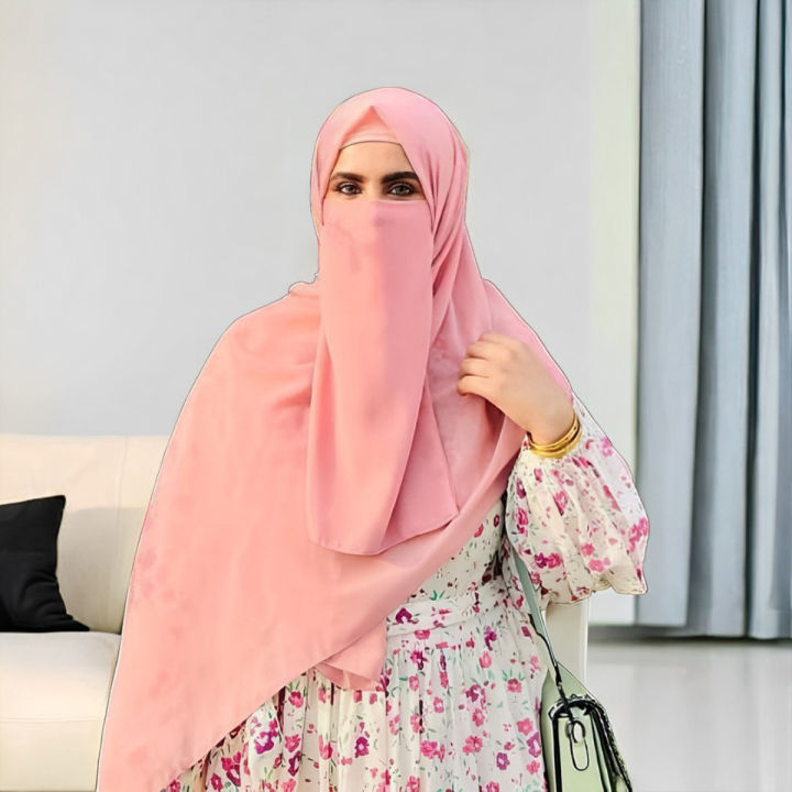 3-in-1 Combo Pack Hijab Set with Chiffon Naqab, Cap, and Cotton Jarsi Fabric