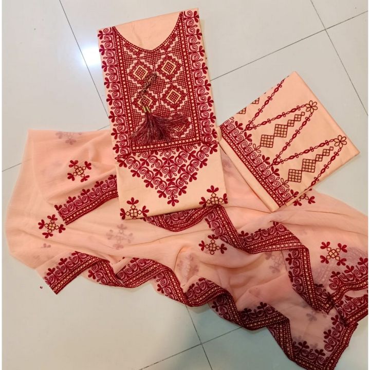 Peach Color Three Piece Unstitch Sindhi Embroidery Suit/Traditional Suit/Sindhi  Embroidery/Aari Embroidery Machine | Daraz.pk
