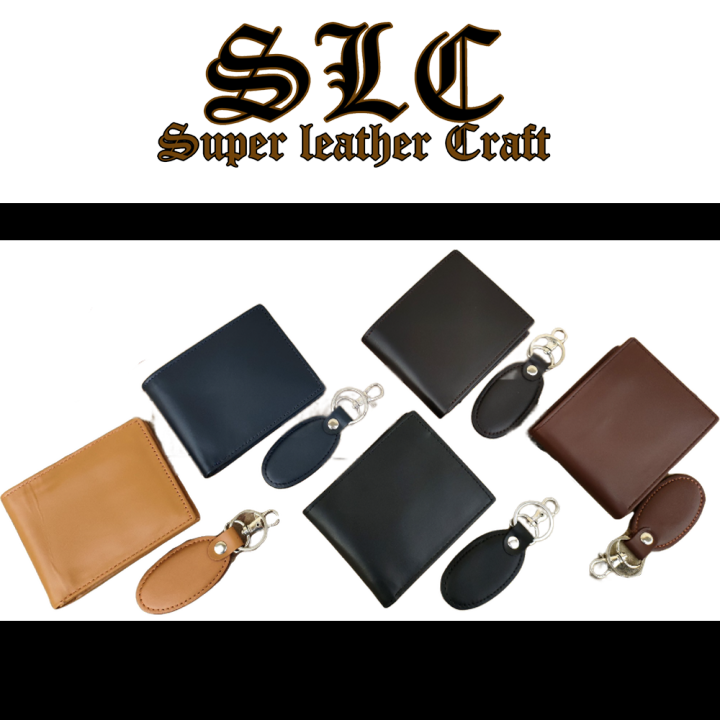 Original Cow Leather Wallet and Keychain Gift Set Box. * Super Leather Craft *
