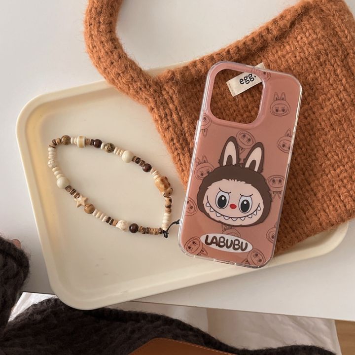 100% Quality+COD Brown Labu cloth wristband phone case suitable for iPhone 16/1514/13 Promax double-layer hard shell hand-held chain hanging rope