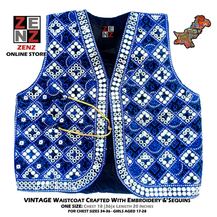 Saraiki Multani Blue White Black Ajrak Waist Coat Koti for Girls & Women Embroidered Waistcoat by ZENZ Pakistani Traditional & Cultural Wear