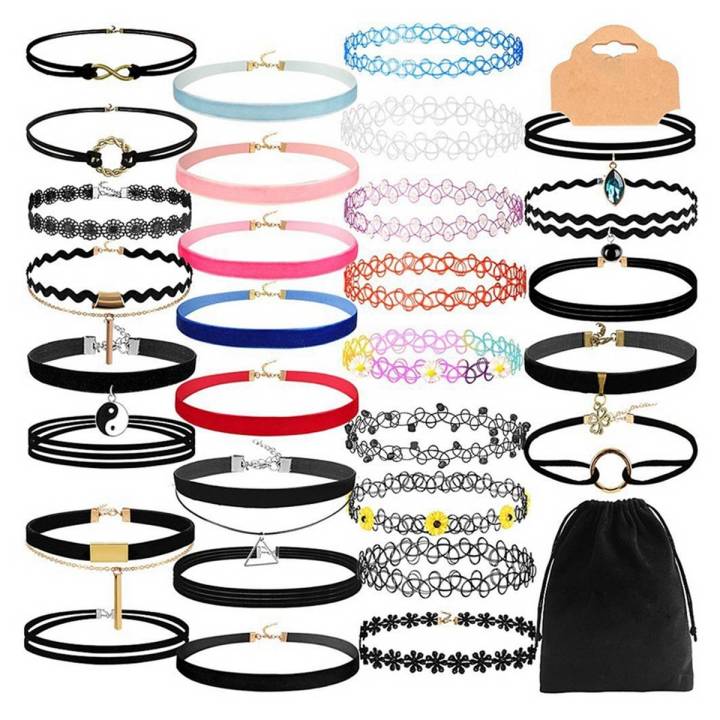 30 PCS Black Velvet Choker Necklace Set Henna Tattoo Choker Set Velvet Tattoo Ribbon Velvet Choker Set for Teen Girls Women