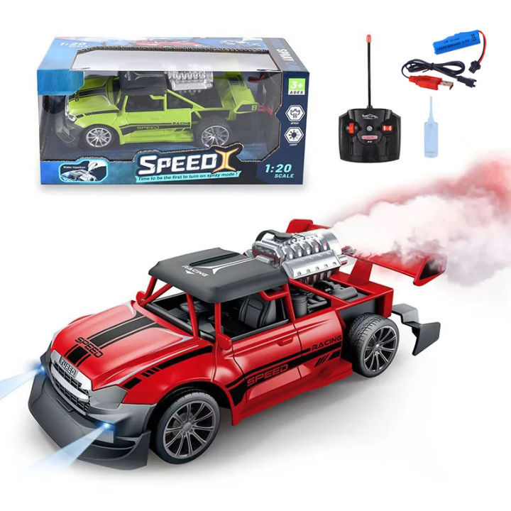 Speed Racing Spray Stunt Car/ Remote Control Light Smoke Spray Emulation Exhaust Car in 1:20 Scale With Rechargeable Battery & Cable/ 2,4GHZ RC Light Spray Car For Long Range Controlling With Top Speed Model Best For Birthday Gifting or Exam Result Gift