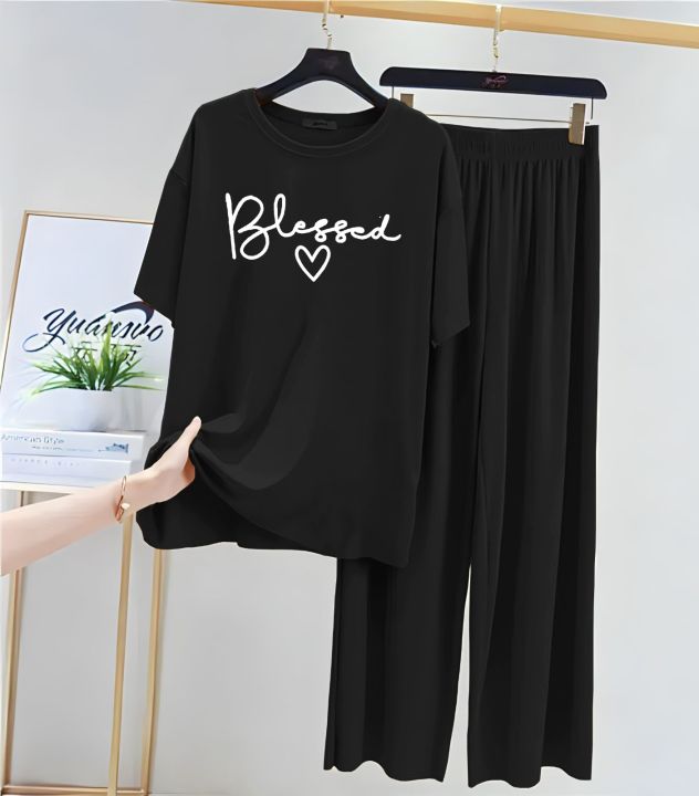 Black Blessed Printed Summer Tracksuit For Girls & Women | Cotton Jersey Tshirt & Trouser Set | Soft & Breathable Casual Wear for Women & Girls (S-M-L-XL)