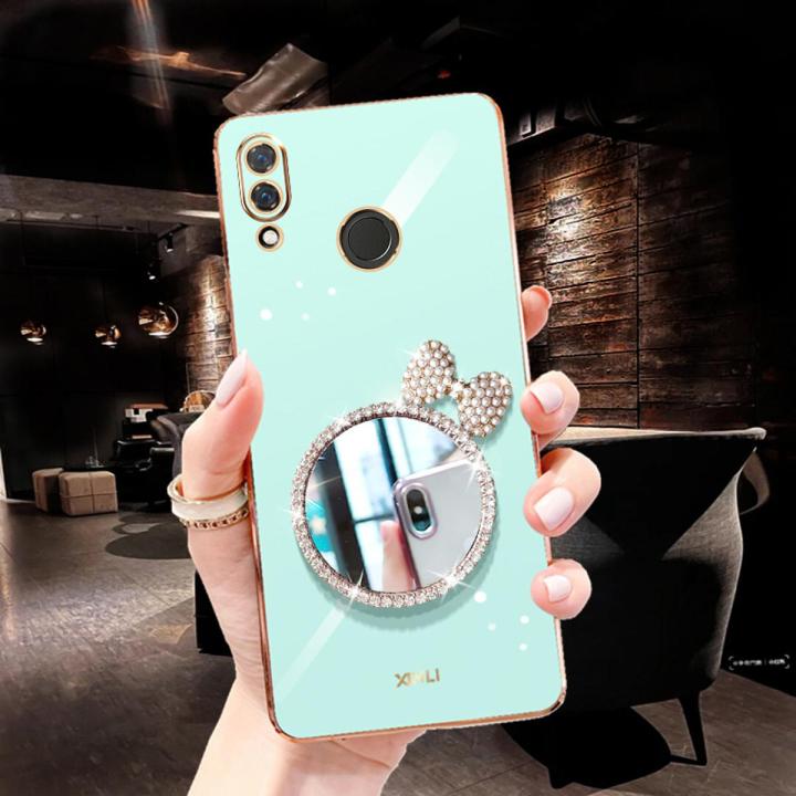 For Huawei Honor 8X Back Cover + Bowknot Makeup Mirror Fashion Shiny Plating Square Bumper Bling Girls Phone Case Soft TPU Silicone Shockproof Back Cover