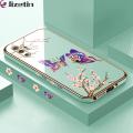 Jizetin (Free Lanyard) for Samsung Galaxy Note 10 Plus / Note 10 Plus 5G Back Cover Peach Blossom and Butterfly Luxury 6D Plating Case Side Pattern Soft Silicone Square Mobile Phone Cases. 
