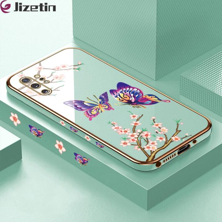 Jizetin (Free Lanyard) for Samsung Galaxy Note 10 Plus / Note 10 Plus 5G Back Cover Peach Blossom and Butterfly Luxury 6D Plating Case Side Pattern Soft Silicone Square Mobile Phone Cases
