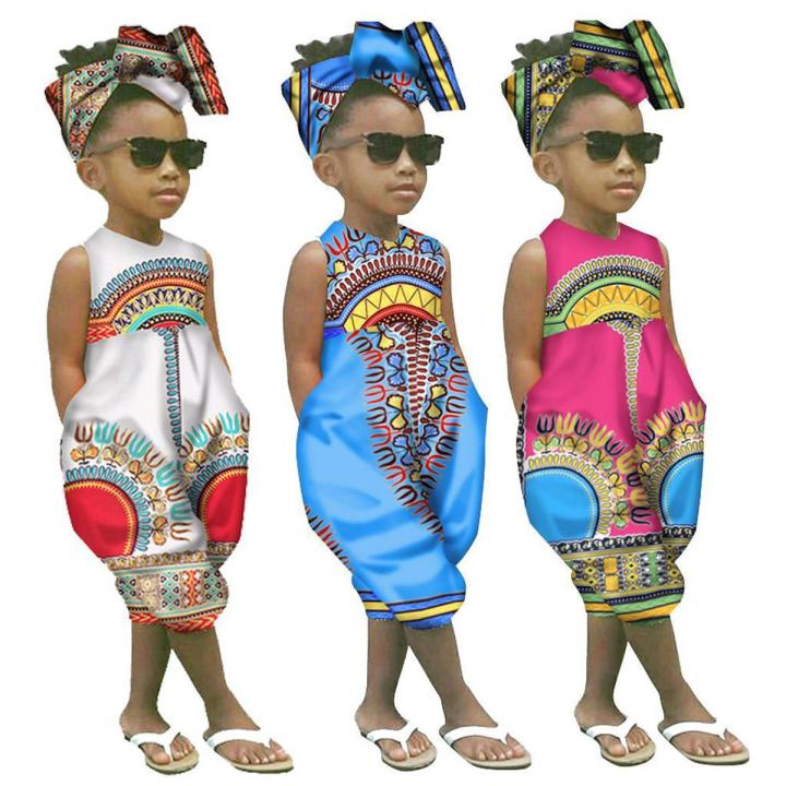 READY STOCKToddler Kid Baby Girl African Print Sleeveless Romper Hair Band Jumpsuit Clothes