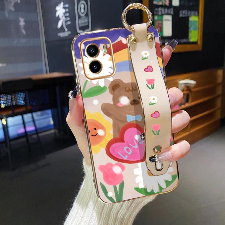 JIUMOO For VIVO Y15a Case With Wristband New Design Phone Case For Girl Women Thin Pattern Oil Rainbow Bear Shockproof Plating Silicone Casing Full Cover SoftCase Protection Cases