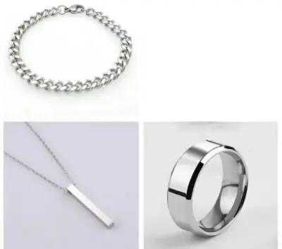 3 Piece Fashion Charm Jewelry For Men Best Quality Stainless steel 3D Bar Stick Locket +Stainless steel Titanium Silver Ring +Stainless steel Silver Chain Bracelet For Boys And Men