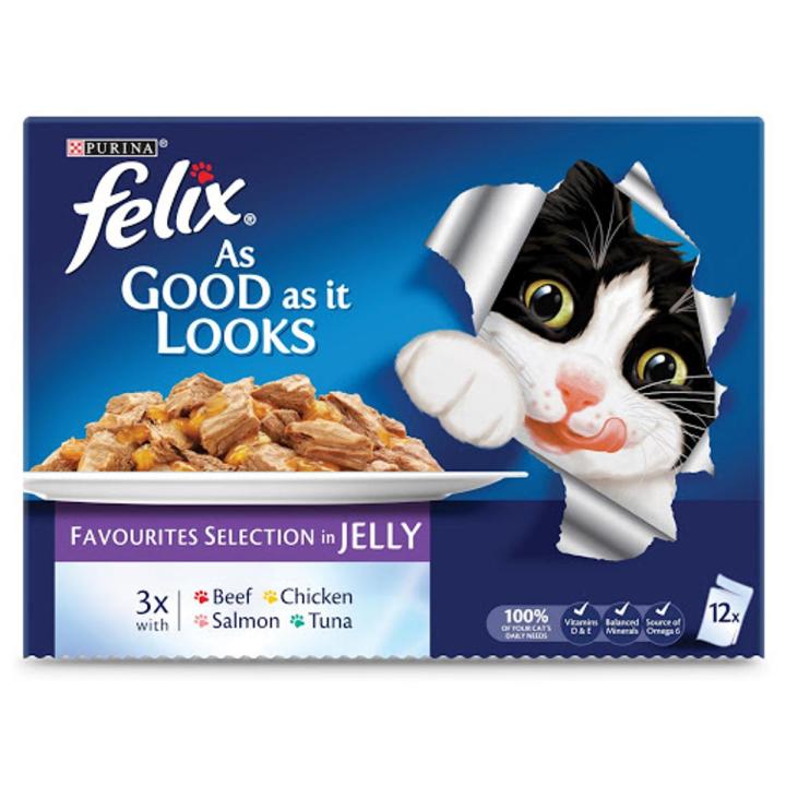 Pack Of 12 : Felix Favourite Selection With Beef, Salmon, Chicken And Tuna  : 90gm Each Cat Food
