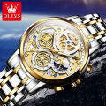 OLEVS Watch for Men  Waterproof Trendy Hollow-Carved Design Stainless Steel Chronograph Luminous multifunctional Watch 9947. 