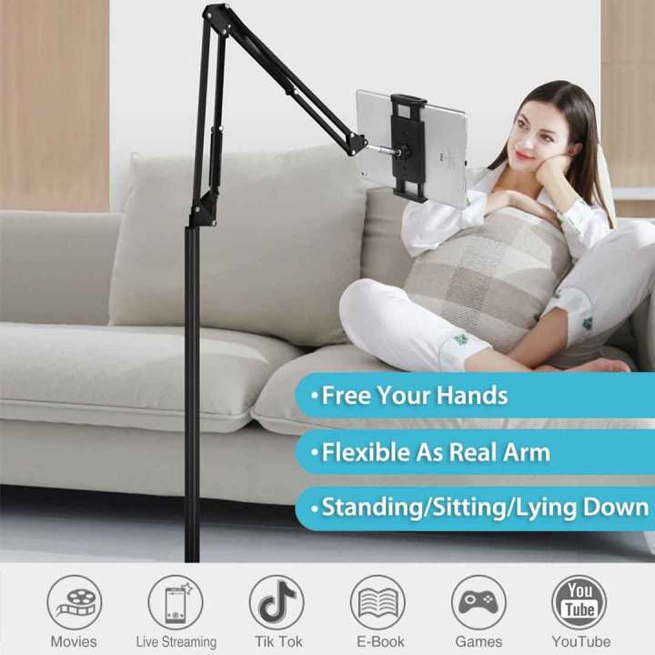 Universal Height Adjustable Floor Tablet Stand With Swivel Boom Arm Overhead Mount For Phone & Tablet