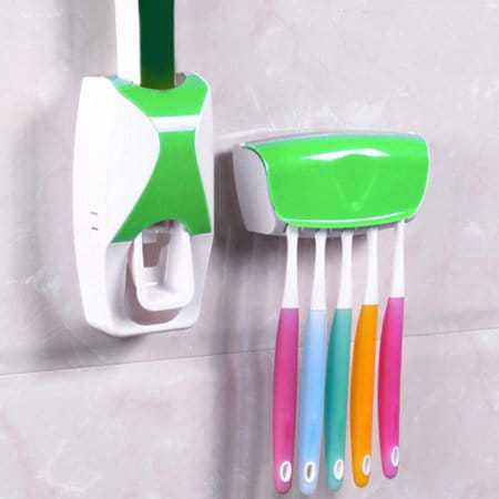 YM Automatic Toothpaste Dispenser Wall Mount Dust-proof Toothbrush Holder Wall Mount Storage Rack Bathroom Accessories Set Squeezer