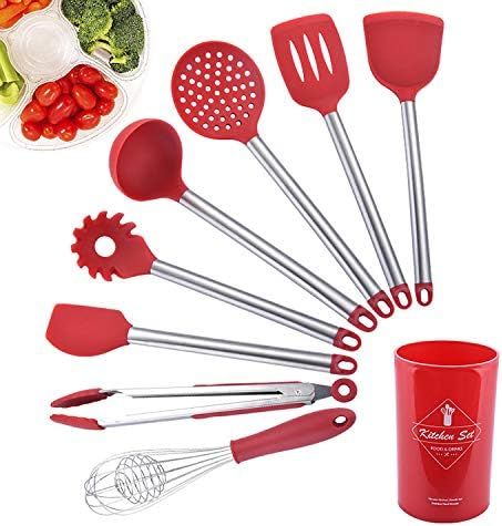 8pcs red Silicone Stainless Steel Utensils Set Small Silicone Stainless Steel Cooking Utensils Kitchen Supplies Set (red)