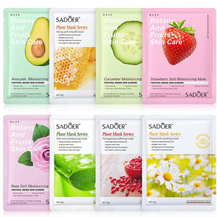 Pack of 10 Fruit Plant Extract Moisturizing Brighten Facial Sheet MaskS Hydrating, Radiance Boost, Calming, Skin Care Sheet Masks (RANDOM)