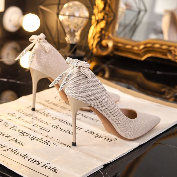 High heels women's 2022 new all-match summer fairy evening breeze shallow  mouth bow pointed toe stiletto shoes women | Daraz.pk