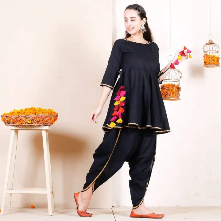 Cheera%20Black%20Dhoti%20Peplum%20Top%20Set%20With%20Multicolour%20Tassels%20-%20Image%203