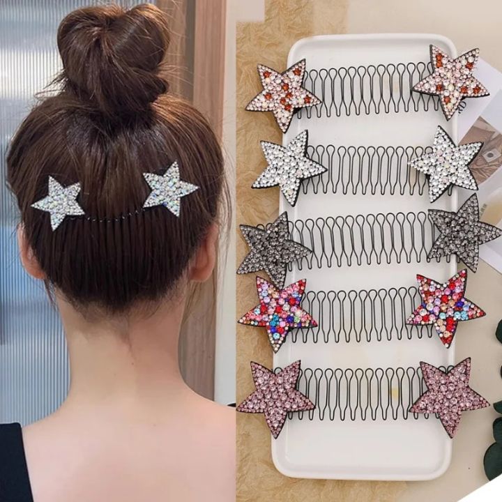 2Pcs Star Rhinestone Hair Clips Comb Hair Broken Tidy Artifact Headband Metal Hairpins for Bridal Wedding Hair Accessories Headwear