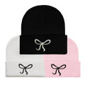 Y2K Bow Embroidered Beanie Cap Women Autumn Winter Warm Knitted Hat Korean Solid Color Female Girls Skullcap Bonnet. 